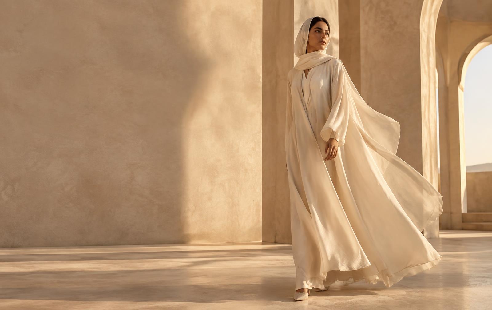 Woman in a flowing ivory abaya